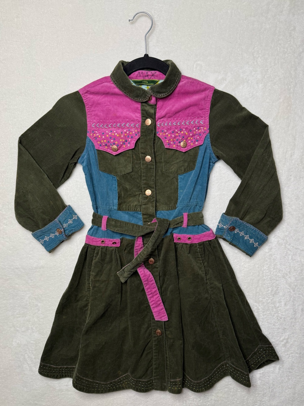 VTG OILILY Olive Pink Blue Corduroy Long Sleeve Dress Embroidered Y2k 90s 7/8